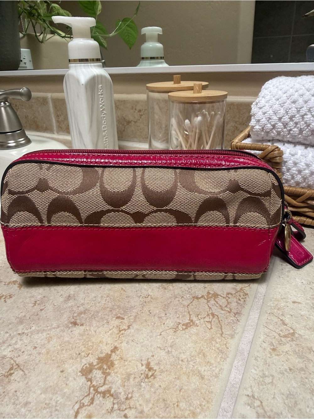 2009 Vintage Coach Tan Signature Canvas Cosmetic Pouch with Pink Trim